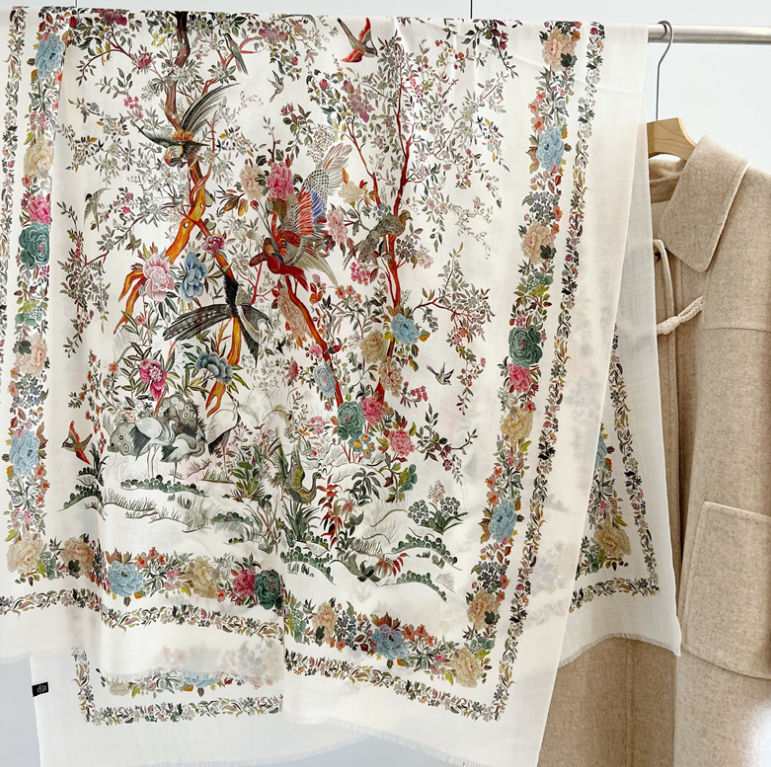 Pure Cashmere 200x100cm White Bird Print Scarf Wrap for Women