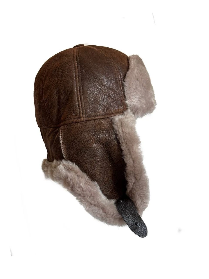 Sombrero Ushanka de piel de oveja de piel de oveja aviador trampero caza invierno gorra de piel oreja Foto 2 de 4