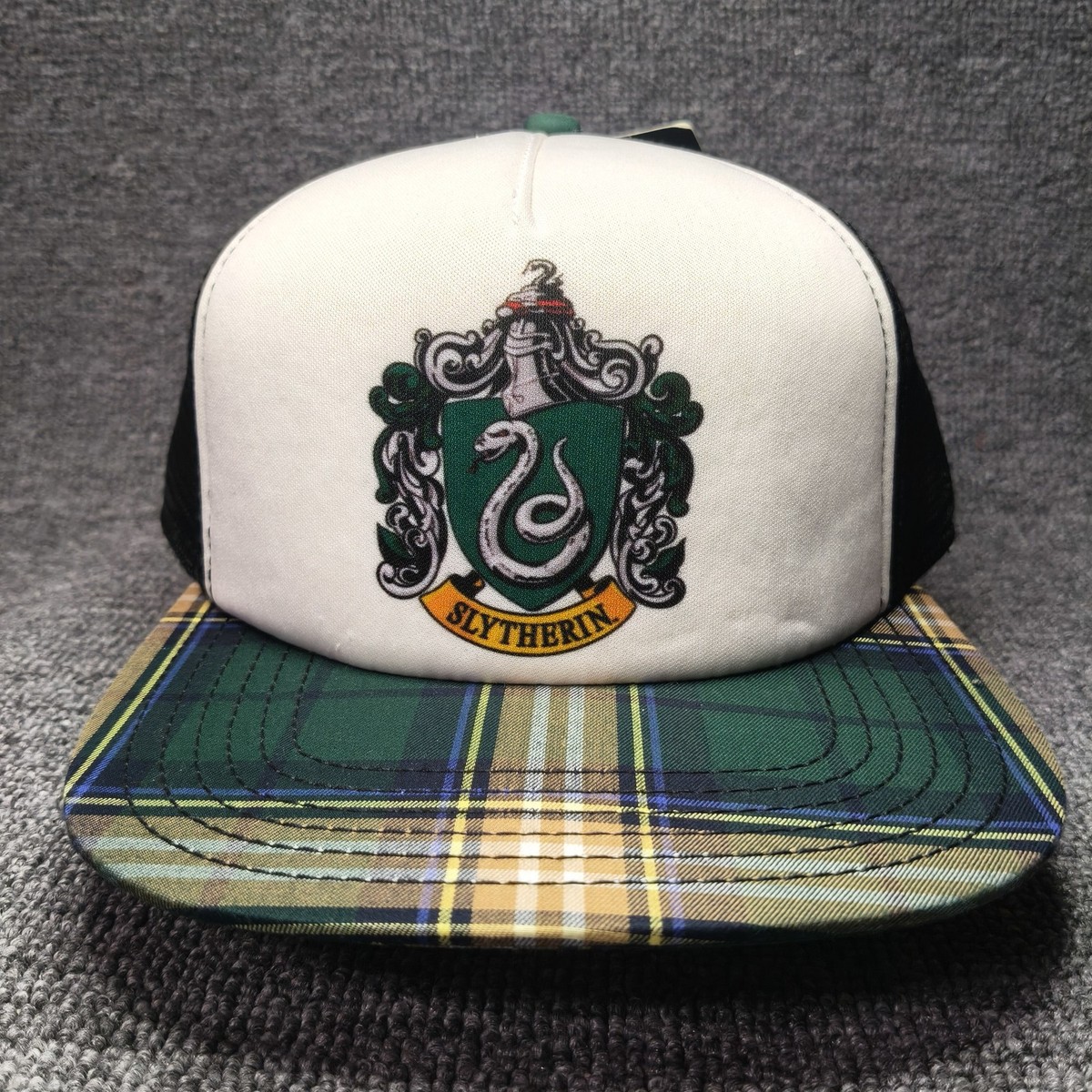 Harry Potter Slytherin Trucker Snapback Hat Plaid Brim White Black Green