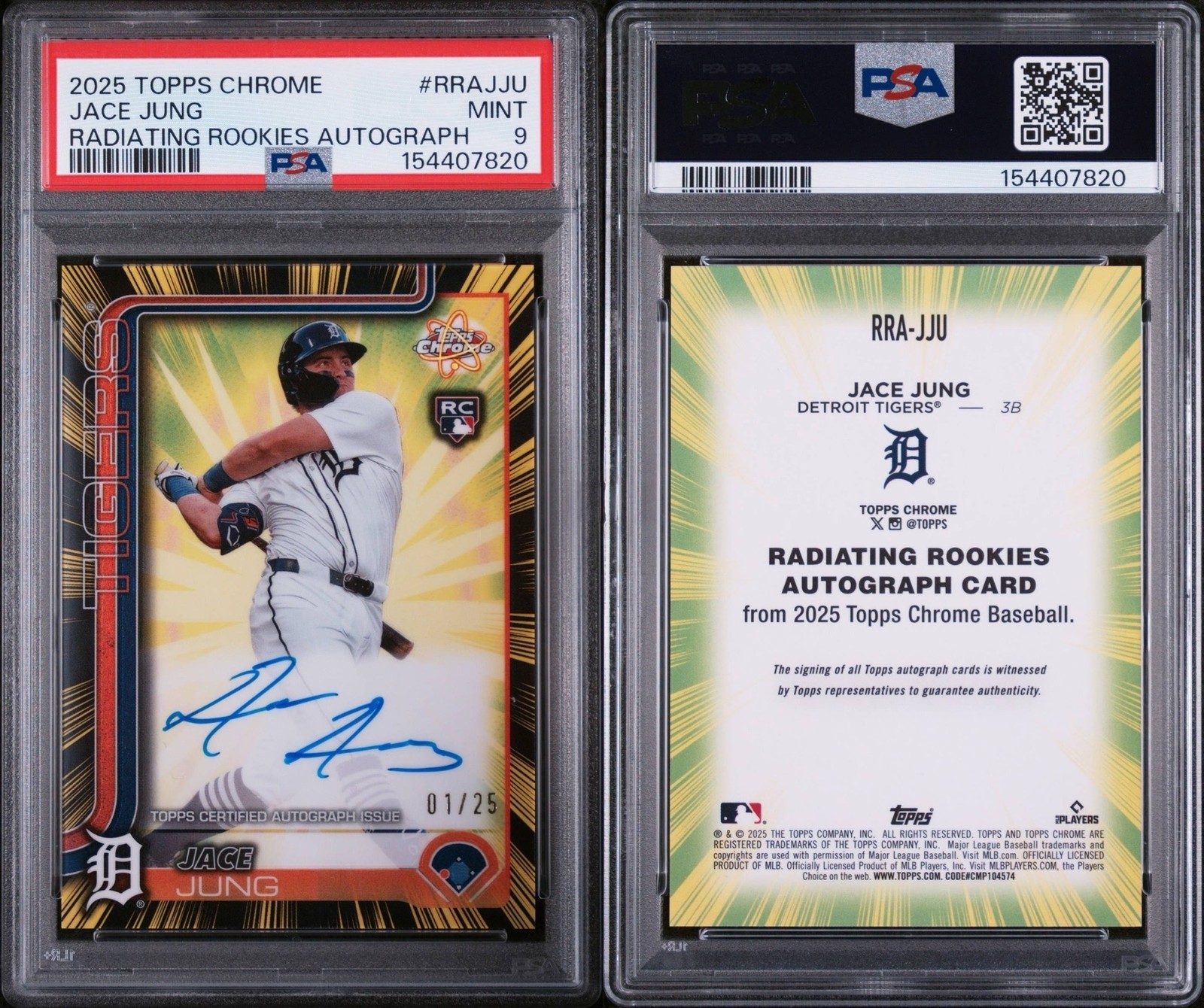 2025 Topps Chrome 🔥JACE JUNG🔥 RC Radiating Rookies Auto #1/25 PSA 9 🌟 Mint view 2