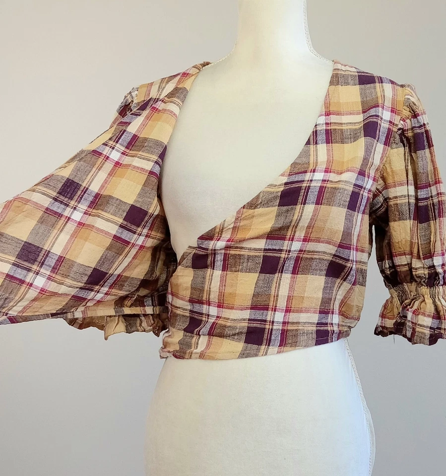 Pequeñas Hijas de la India Algodón MEERA Marrón-Clavo Cuadros Manga Abullonada ENVOLTURA TOP Foto 4 de 4