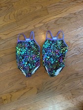 Speedo Girls One Piece Racerback Swimsuit Neon Leopard Splatter Size 5