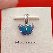 New 925 Sterling Silver Blue Murano Glass Butterfly Dangle Charm,792698c01