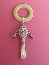 Vintage Baby Rattle Bells Sterling , Teething Handle  Ring, Jack  Bean Stock