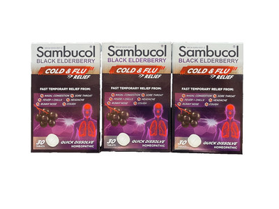 Sambucol Black Elderberry Cold and Flu Relief 90 Tablets (3 boxes of 30)