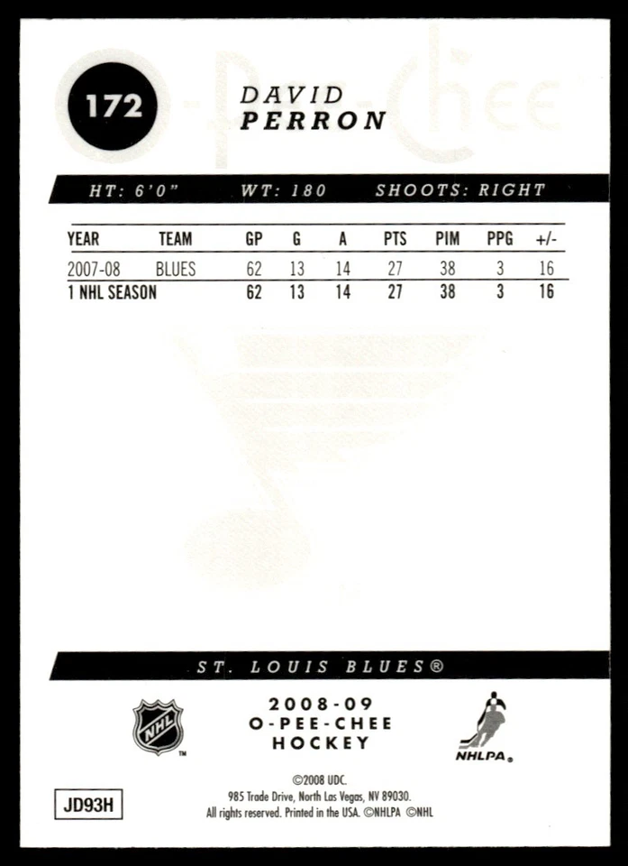 2008-09 O-Pee-Chee Gold David Perron St. Louis Blues #172 - Image 2 of 2