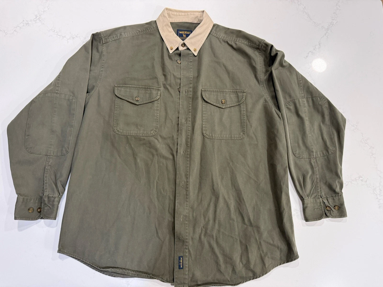 Woolrich Men’s XL Button Up Two Toned Olive Green Long Sleeve Cotton Shirt