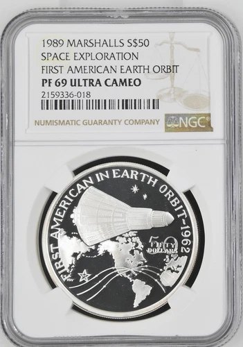 1989 Marshall Islands Space First American Earth Orbit Silver $50 - NGC PF69 UC