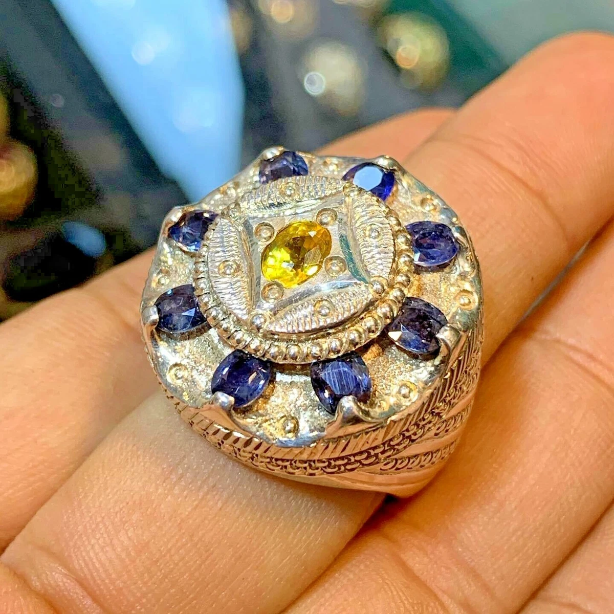 3 Stone Oval Blue Sapphire and Half Moon Diamond Ring | Reuven Gitter  Jewelers