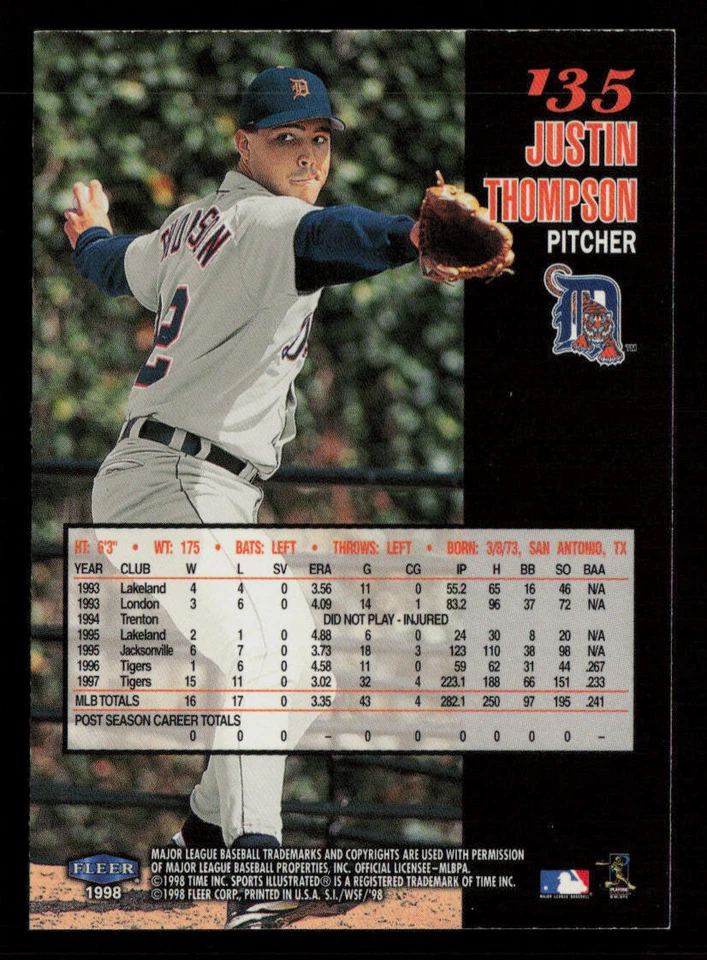 Justin Thompson 1998 Sports Illustrated World Series Fever #135 Detroit Tigers - Image 2 of 2