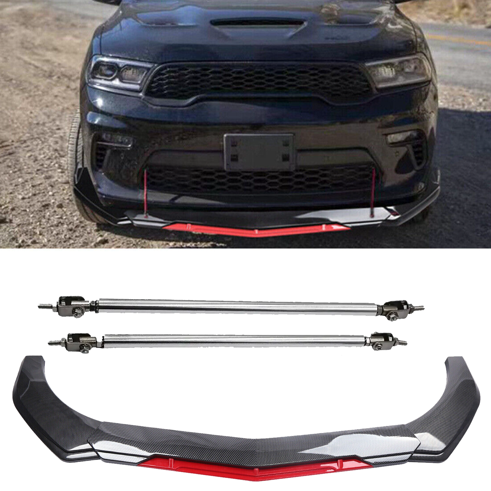 Dodge Durango SRT Carbon Fiber Front Bumper Lip Spoiler Splitter with Strut Rods
