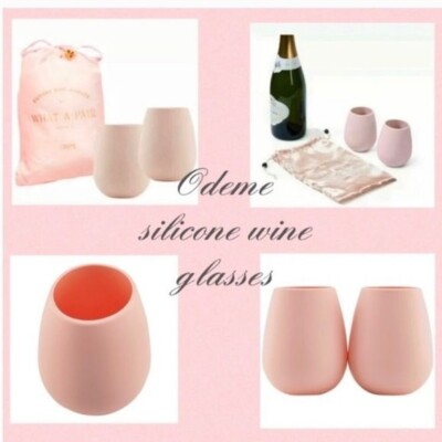 NEW Odeme What A Pair Set Of Two Pink Silicone Wine Glasses