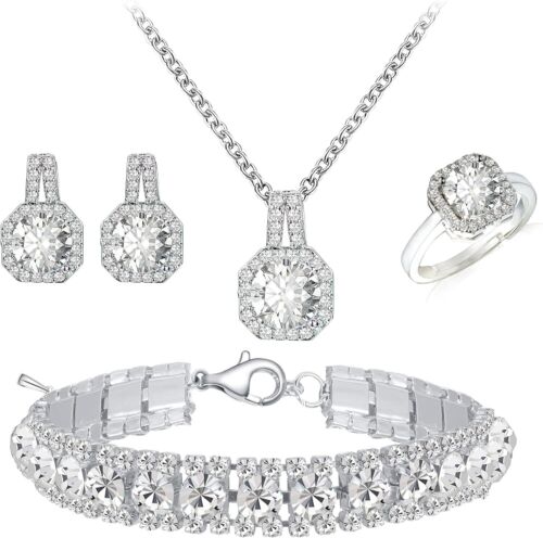 4-teiliges Zirkonia Brautschmuck Set - Halskette, Ohrringe, Armband & Ring - Bild 9 von 28