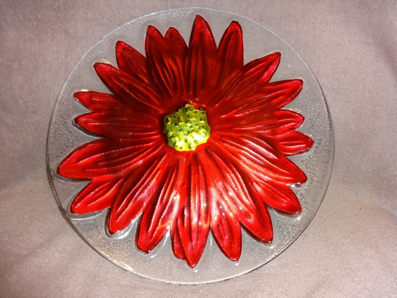 NEW SONOMA  Handpainted Red Flower Glass Platter 13 "
