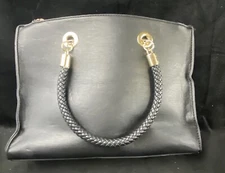 Charming Charlie Black 2 Handled Pebbled Leather Purse Bag Gold Accent Retro