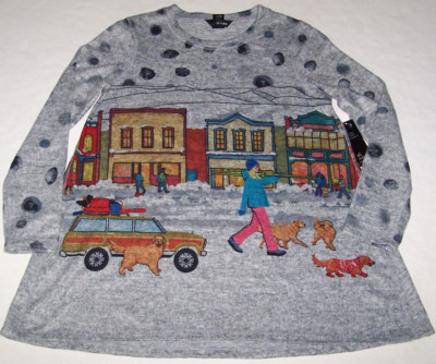 NWT Ali Miles Gray COLORFUL WINTER SKI VILLAGE Brushed Knit Top Sweater M DOGS