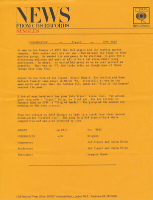 Argent - Celebration - 1971 [UK] - Press Release