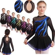 Kid Girls Long/Sleeveless Sequins Ice Roller Figure Skating Tutu Dress Dancewear