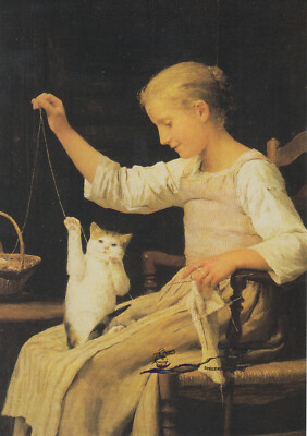 Kunstkarte: Albert Anker - Mädchen mit seiner Katze spielend