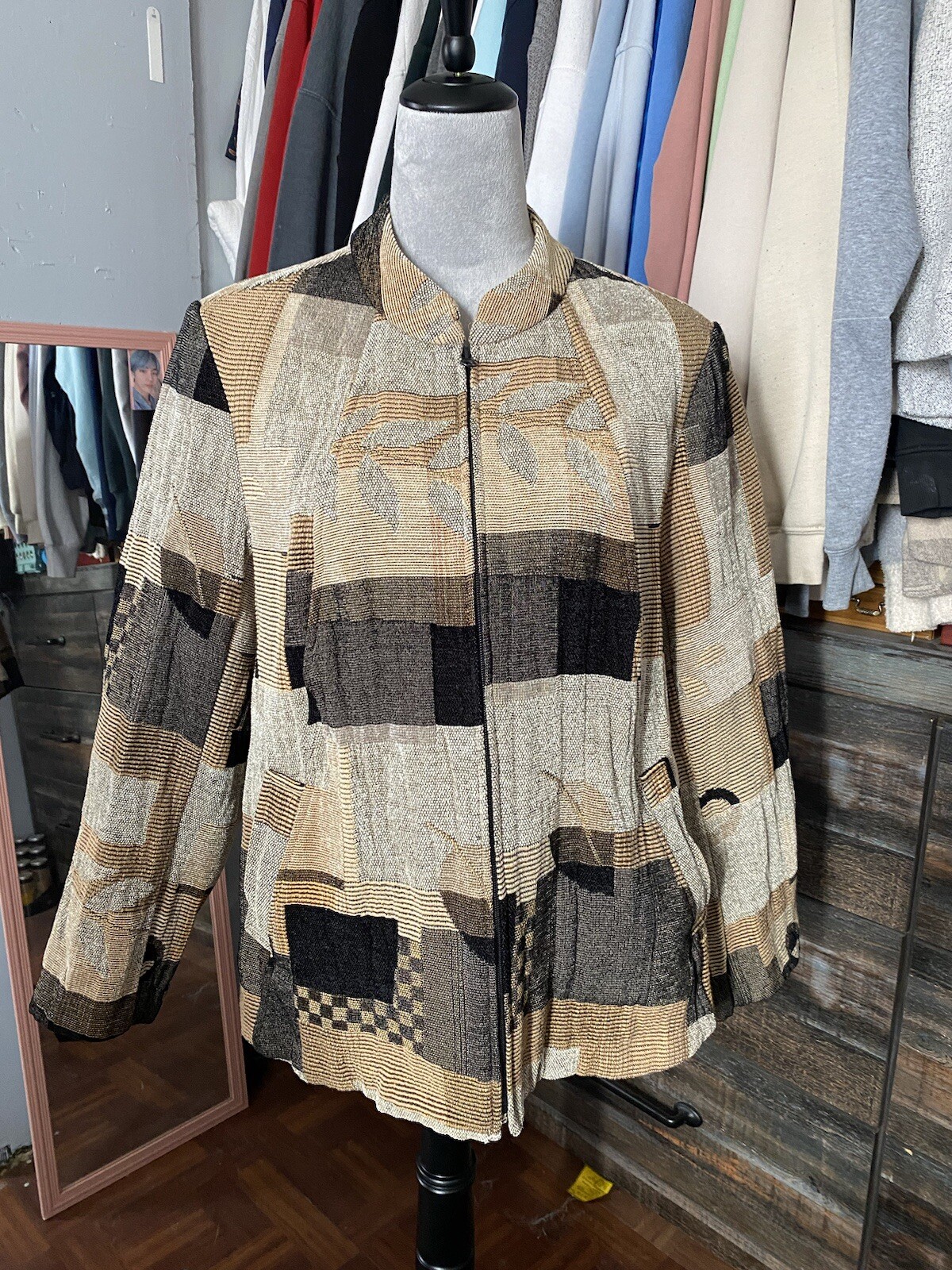 Dressbarn Women's Tan Black Mixed Print Tapestry Zip Front Jacket Blazer Size 1X