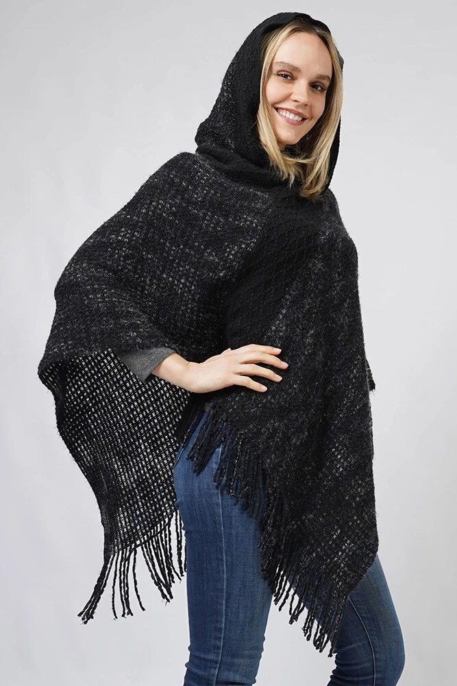 Anthropologie Style Women's Soft Multicolor Knit Hooded Poncho Ruana Shawl