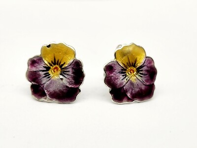 VTG Pansy Flower Enamel Guilloche Sterling Silver Earrings Screw Back Art Nouvea