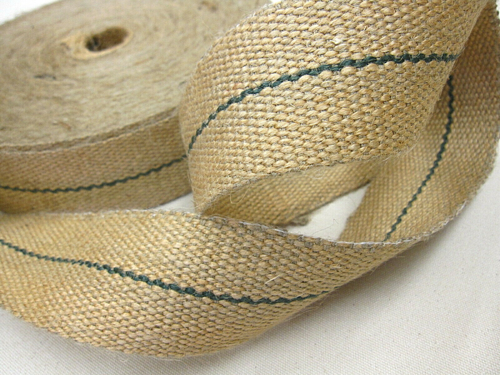 Reel of STRONG 12lb Green stripe jute upholstery chair webbing roll - 33mt 2"" w
