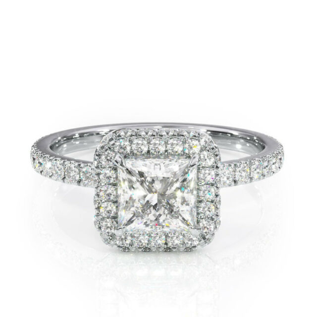 4Ct Princess Cut Diamond Accents Edge Halo Engagement Ring 14K White