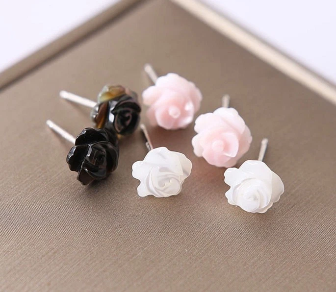 6/8/10mm 925 Sterling Silver Mother of Pearl Rose Flower Stud Earrings Gift - Image 3 of 4