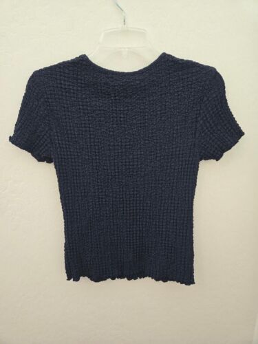 ZARA Navy Short Sleeve Top Crinkle Effect Round Neck Fashion Size S NWT - Picture 2 of 2
