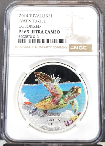 2014 TUVALU SILVER 1 DOLLAR GREEN TURTLE COLORIZED NGC PF 69 ULTRA CAMEO RARE