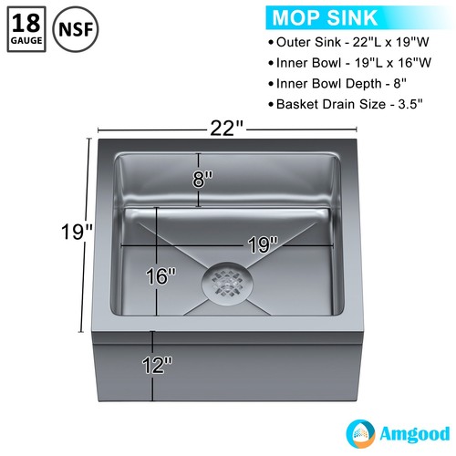 Stainless Steel Floor Mop Sink. 19 in. x 22 in. x 12 in.  - Afbeelding 3 van 5