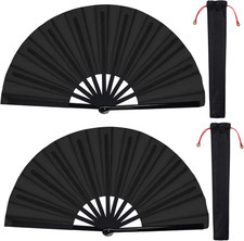 Large Folding Hand Fans - 2 Pack Nylon Cloth for Tai Chi  Dance Black 