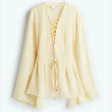 H&M Edition S/S 2025 Lacing-Detail Chiffon Pale Yellow Blouse Lace-Up