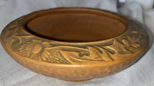 Weller Breton 1920s Art Pottery Matte Orange And Green Thistle Floral Bowl 8”