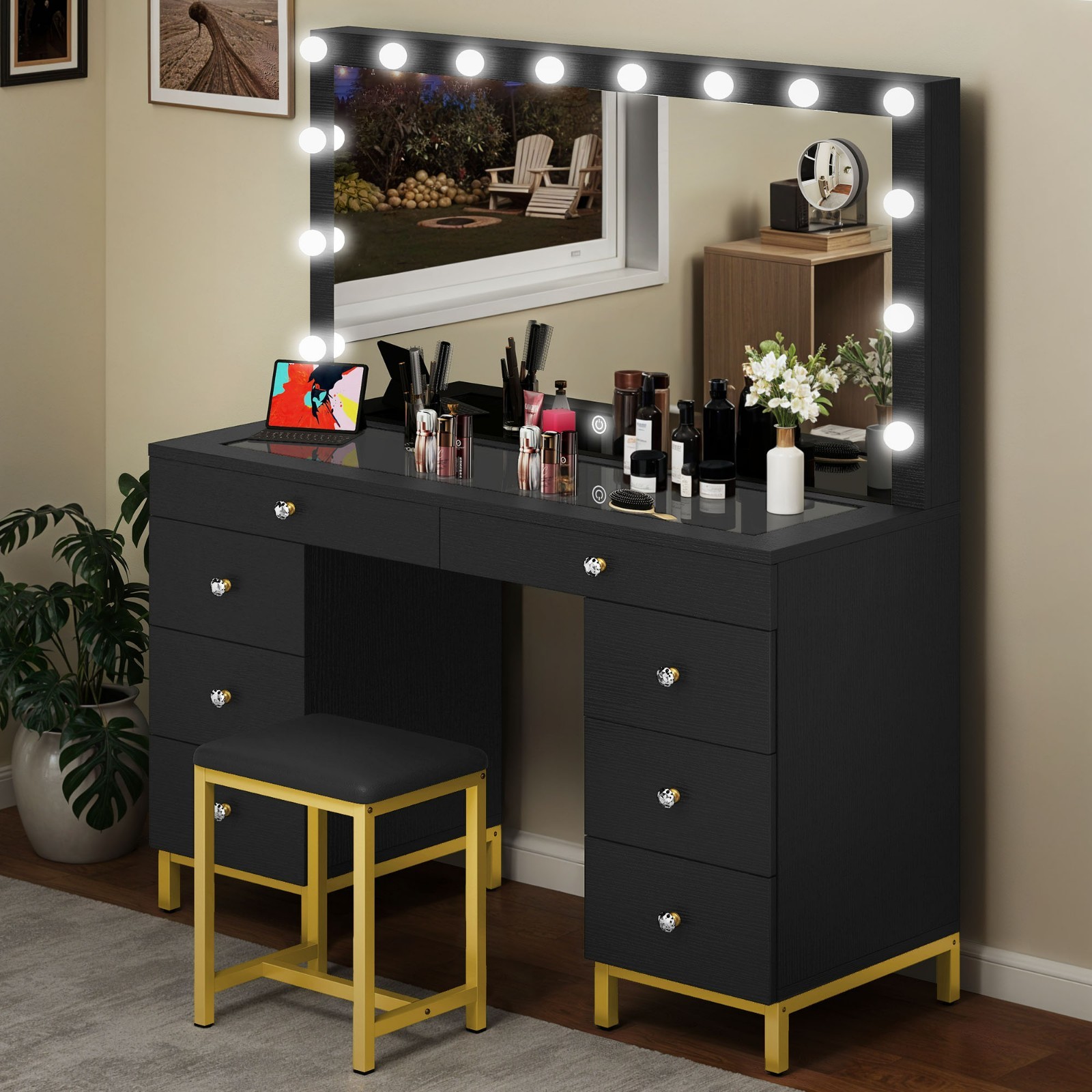 Vanity Desk Set  LED Lighted Mirror With Power Outlet Dressing Makeup Table Set