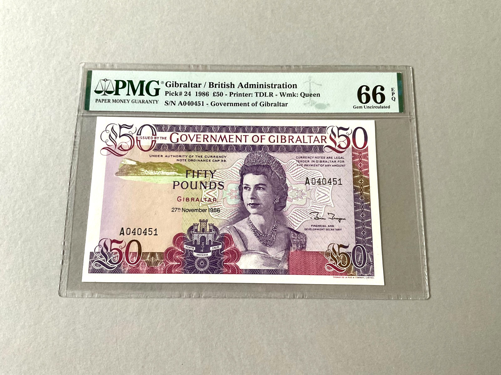 Gibraltar 50  Pounds P-24 1986  PMG 66 EPQ