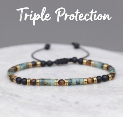 Triple Protection Healing Bracelet Onyx African Turquoise Tiger Eye Bracelet