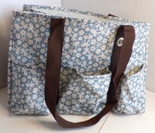 Thirty One Utility Tote Shoulder Bag Blue Floral  Brown Organizing Pockets