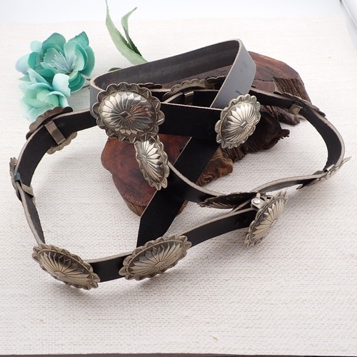 Navajo Nickel Silver 14 Concho 33" - 40" Tribal Stamped Black Belt