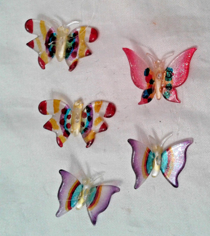 Vintage Set of 5 Blown Glass Colorful Butterfly Ornaments