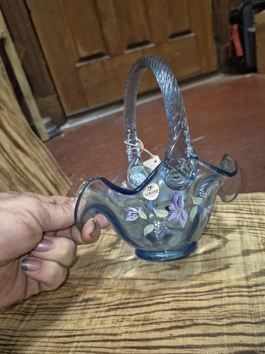 Vintage Fenton Glass Basket Blue Floral Hand Painted Signed By S Fisher