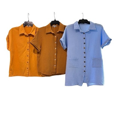 Lot Of Three Blouses 100% Cotton Tops Yellow & Blue Women s Size Small