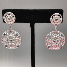 Silver Tone Aqua Blue Turquoise Rhinestone Disc Disk Dangle Stud Post Earrings