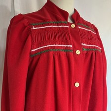 Vtg 70s Vassarette Red Velour Robe Sz S/M Housecoat Embroidered Button Front