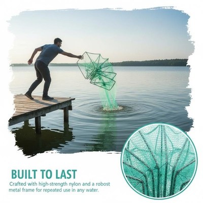 1.5M Crab Fish Net Foldable Hand Casting Cage Crab Net Mesh Trap Catcher