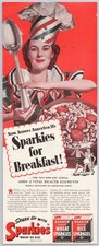 1942 Quaker Puffed Sparkies Vintage Print Ad Patriotic Chef Hat Stars Stripes