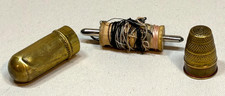 Vintage German Brass Travel Sewing Mending Kit Capsule Needle Case Thimble Spool