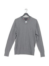Tommy Hilfiger Men's Jumper M Grey Cotton with Cashmere V-Neck Pullover