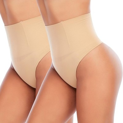 2 Pack Werena Tummy Control Thong Shapewear, Seamless Panties, Beige, Small